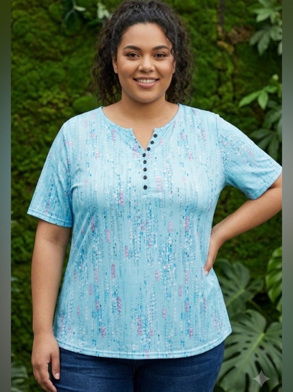light blue henley top with a V-neck and a front button closure size 2X